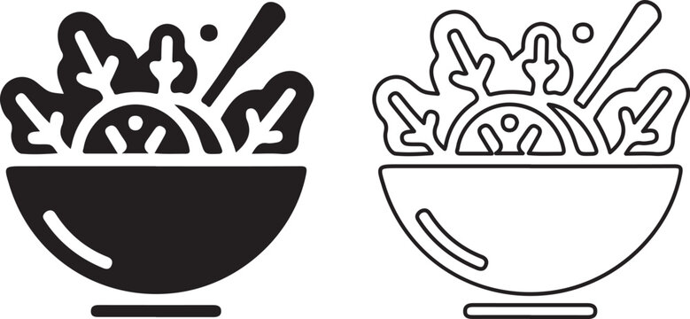 Simple graphic illustration of a salad bowl with leafy greens and citrus fruit in the center isolated on transparent background