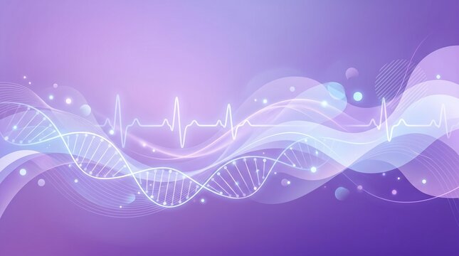Abstract purple waves with DNA helix and heartbeat line abstract art abstract
