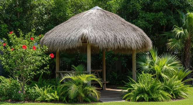 A rustic tiki hut with a thick natural thatch roof sits nestled among lush green tropical plants in a quiet sunny suburban backyard area, garden, natural, structure