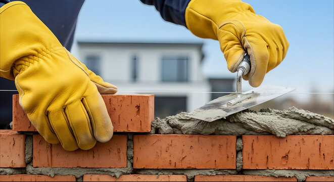 Close up of bricklayer hands building red brick wall on construction site