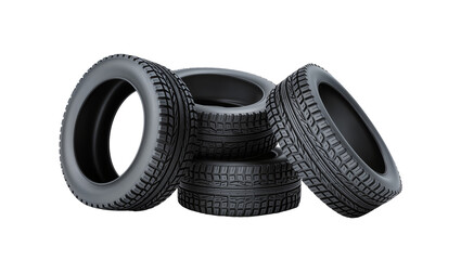 Isolated stack of new car tires and one leaning with detailed tread pattern for sales. © Francisco