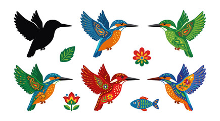 Obraz premium Colorful kingfisher birds and floral elements vector illustration
