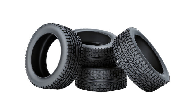 Isolated stack of new car tires and one leaning with detailed tread pattern for sales.