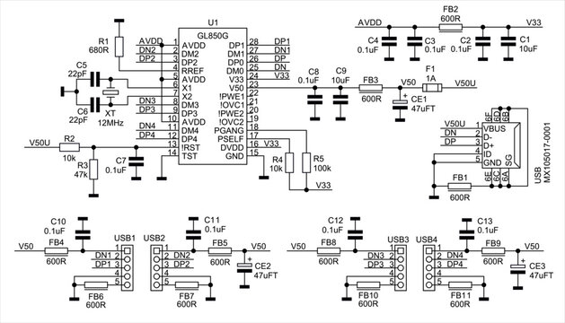 Schematic diagram of electronic device on paper sheet. Vector drawing electrical circuit with microchip, integrated circuit, resistor, capacitor, usb port, fuse, connector, inductor, other components.