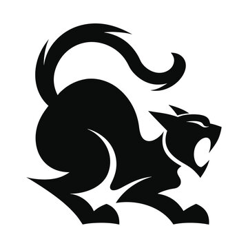 Aggressive cat silhouette hissing and arching back
