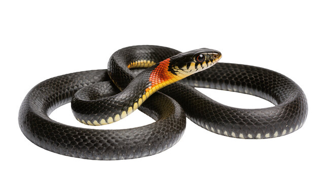Isolated coiled ringneck snake displaying its vivid black body and colorful neck collar