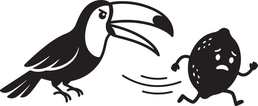 Cartoon toucan bird chasing a running kiwi fruit in funny illustration