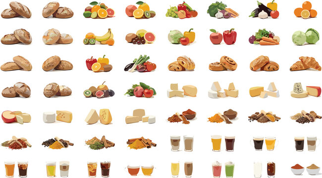 Seamless pattern of isolated common food items spices cheese and beverages ideal for supermarket advertising restaurant menus and culinary packaging layout themes,