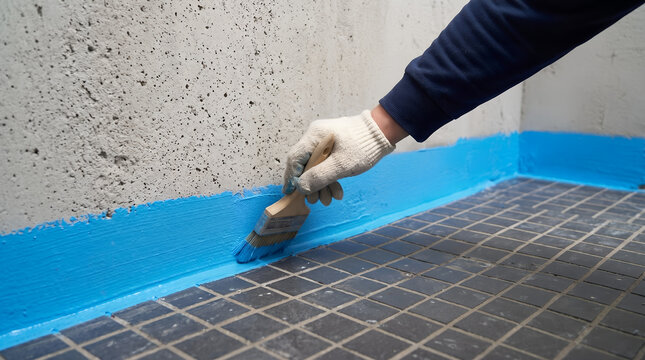 Close up of a worker hand applying a bright blue liquid waterproofing membrane with a paintbrush along a tiled floor and concrete wall joint.
