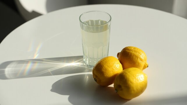Clear glass of lemonade casting rainbow prisms on table &ndash; Suitable for refreshing summer beverages, premium citrus juice marketing, or healthy lifestyle ads.