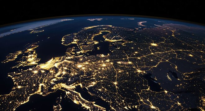 Glowing nocturnal view of a vast continental landmass featuring shimmering vibrant golden city lights connected by a network of urban grids, radiance, nocturnal, darkness