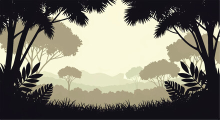 Naklejka premium Vector flat design illustration of a serene jungle landscape with layered trees and misty mountains in muted earth tones