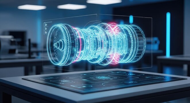 High-tech laboratory featuring a glowing three-dimensional holographic jet engine blueprint floating above a sleek digital workspace table, turbine, research, technical