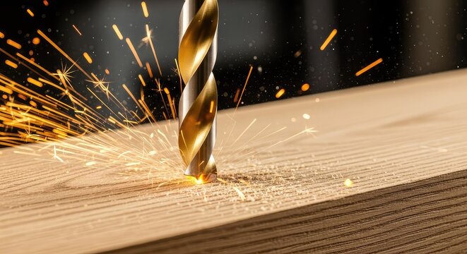 Macro shot of a sharp metal drill bit rotating into a thick wood beam with glowing sparks and fine sawdust flying in a dark workshop, craft, manufacture, motion