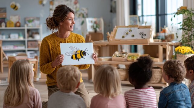 Teacher Inspires Young Minds: A warm and engaging teacher presents a captivating illustration of a bee to a group of eager young students.