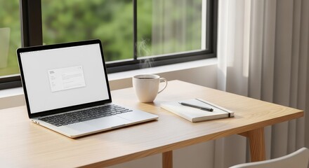 Fototapeta premium Modern minimalist home office setup with laptop, notebook, pen, and coffee mug on wooden desk near window with soft natural morning light, notebook, morning light, interior
