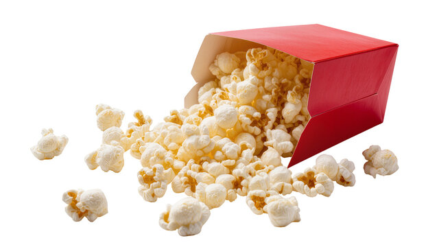Isolated delicious fluffy golden popcorn spilling from an overturned red cinema box