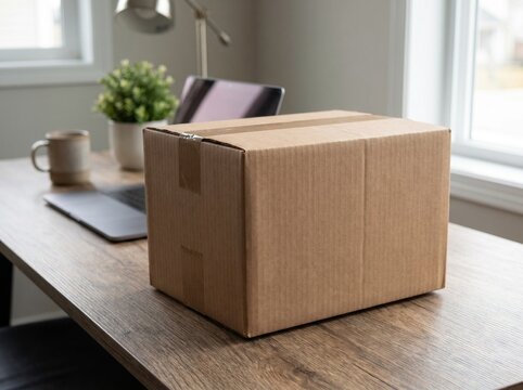 Geschlossener Pappkarton auf einem Schreibtisch im hellen Home-Office. Konzept f&uuml;r E-Commerce, Online-Shopping und Paketzustellung