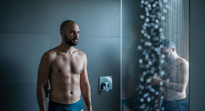 A bald man with a beard stands in a modern bathroom, his reflection visible in a shower with falling water, symbolizing hygiene and personal care