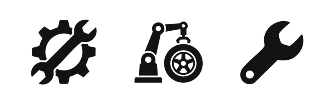 Industrial Maintenance and Manufacturing Icons Showing Gear Wrench and Robotic Arm with Wheel