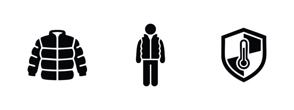 Winter Clothing and Thermal Protection Icons Featuring Puffer Jacket Vest and Temperature Shield