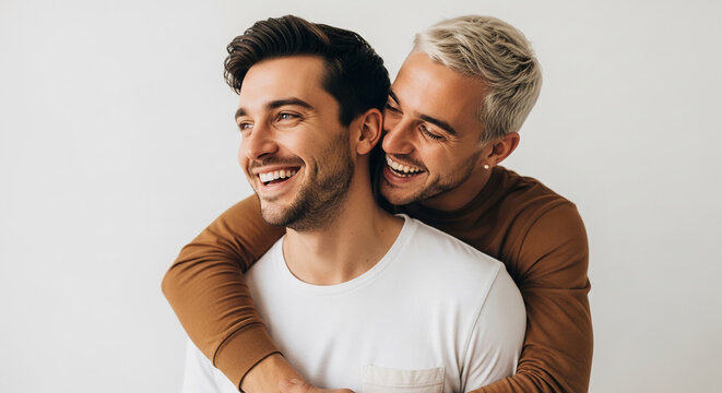 Two men embracing and laughing, showcasing a moment of joy and connection, representing love, happiness, and partnership