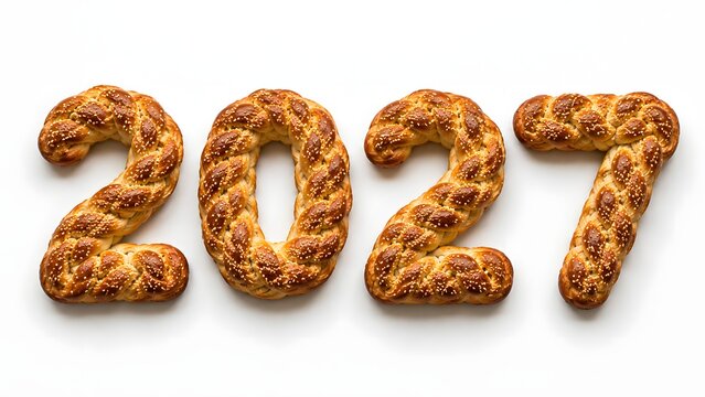 Baked bread numbers 2027 made from braided challah on white background