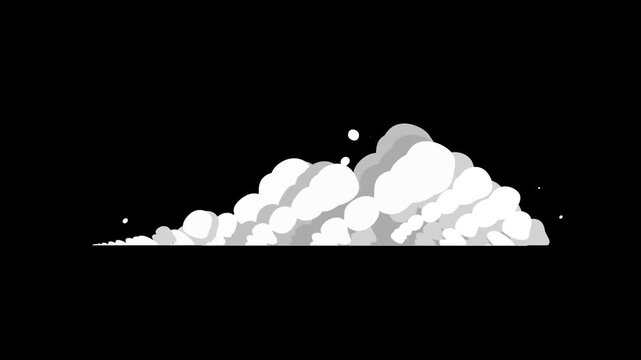 Cartoon Smoke Cloud Speed Effect Animation Isolated On Black Background.  Fast moving effect animation with dynamic white and gray dust puffs.  Comic motion trail.  Action and racing 