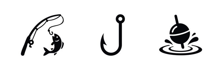 Fishing Hobby and Sport Icons Set - Rod with Fish, Hook, and Bobber Splash © Lili