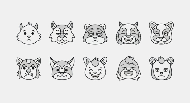 Cartoon animal heads with various expressions