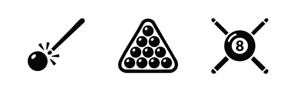 Billiards and Pool Game Icons Set - Cue Stick, Ball Rack, and Eight Ball