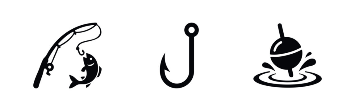 Fishing Hobby and Sport Icons Set - Rod with Fish, Hook, and Bobber Splash