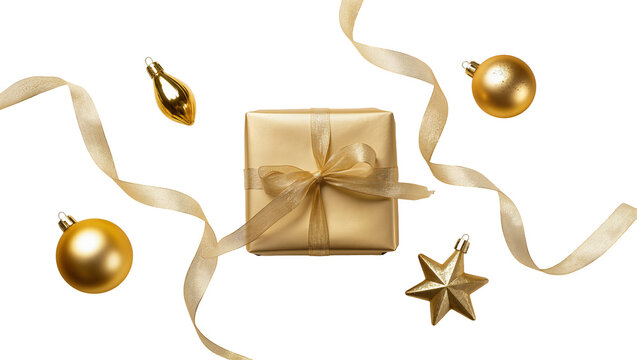 Isolated elegant gold Christmas gift box, sparkling ornaments, and flowing ribbons for holiday designs.