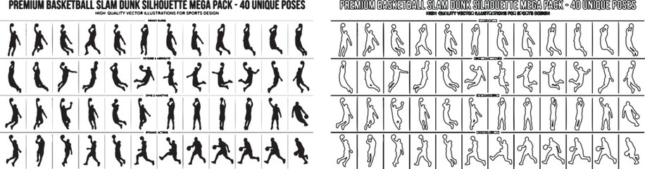 Basketball slam dunk silhouette mega pack, 40 unique poses of basketball players jumping and scoring, black and white vector athlete collection © Template 