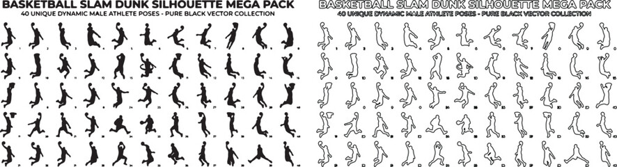 Basketball slam dunk silhouette mega pack, 50 unique dynamic male athlete poses, pure black vector collection for sports branding and graphic design © Template 