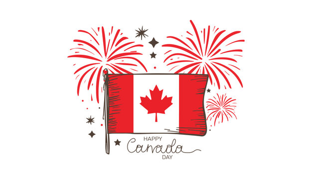 Happy Canada day one line art background with flag and maple leaf text banner template.