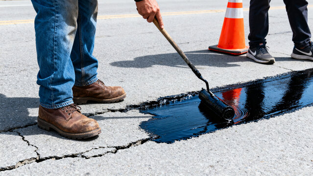 Road maintenance worker applying asphalt sealant to cracked pavement with a roller