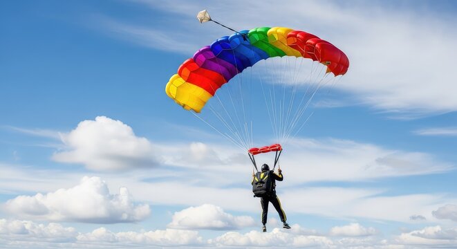 Vibrant skydiving equipment descends in free fall through puffy white clouds and a deep blue sky, depicting a scene of liberty and joy, clouds, joy, view