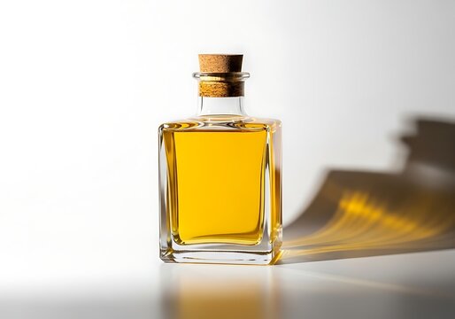 Glass bottle of yellow liquid with cork stopper on white surface