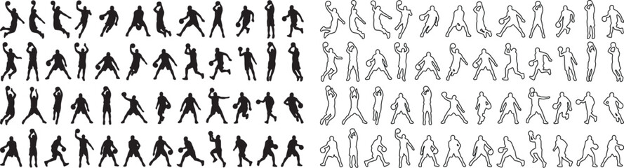 Basketball player silhouettes and outline icons set, professional athlete action poses vector collection, sports competition figures for graphic design © Template 