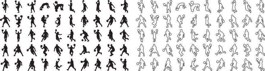 Basketball player silhouettes and line art icons, 100 sports athlete vector set, professional basketball action poses for team branding and posters © Template 