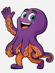 Obraz premium Cheerful Cartoon Purple Octopus Mascot Waving