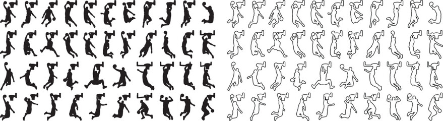 Basketball player silhouettes set, jumping athlete vector icons in solid and outline style, 80 sports action figures for basketball competition graphics © Template 
