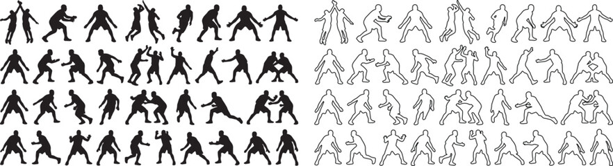 Basketball player silhouettes and outlines, large collection of 64 athlete vector icons, sports action poses for competition and team branding © Template 