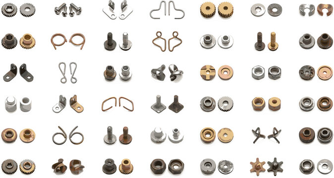 Seamless pattern of isolated tiny industrial metallic elements screws gears pins clips and springs ideal for micro engineering catalogs and microelectronics branding themes,