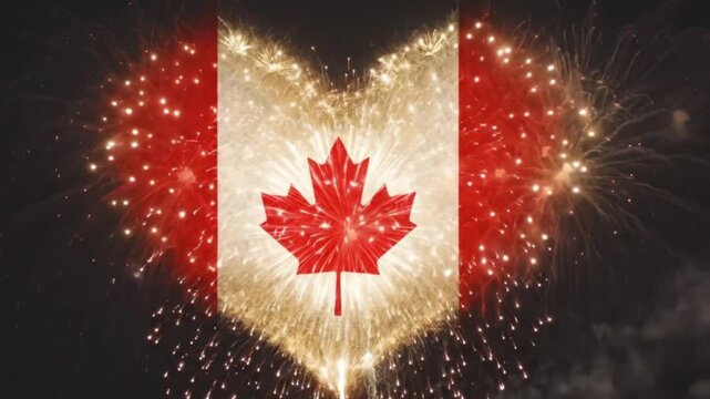 Vibrant canada day fireworks display with heart shaped canadian flag