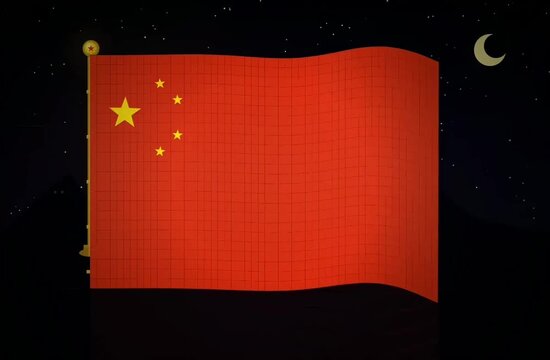 The national flag of China waving against a dark night sky with stars and a crescent moon.