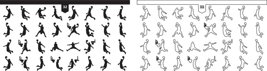 Basketball player silhouettes set, 32 action poses of athletes jumping and dunking, black solid and outline vector icons for sports design © Template 