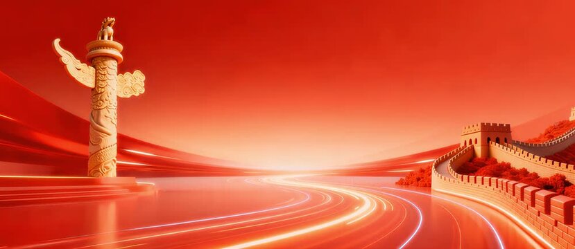 A stunning red abstract background featuring the Great Wall of China and a monument, evoking a sense of dynamism and cultural heritage with flowing light streaks