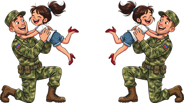 Heartwarming father's day illustration of a soldier man carrying little girl celebrating love and family on special day